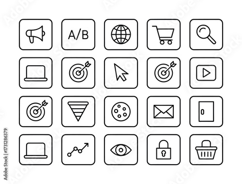 Digital Marketing & Conversion Optimization Line Icons - A/B Testing, Target, Funnel, Eye, Lock, Shopping Cart, Email, Graph for Ads, Analytics & E-commerce UI

