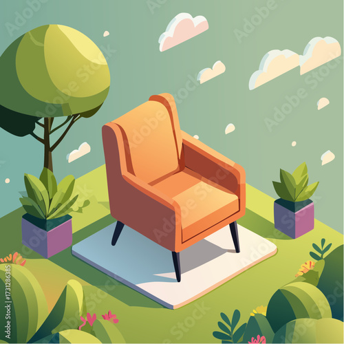 Cozy orange armchair invitingly placed in a serene, stylized garden oasis with blooming plants and fluffy clouds overhead