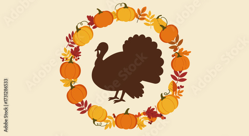 A brown turkey silhouette is centered in a wreath of pumpkins and colorful autumn leaves on a light yellow background