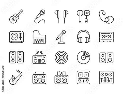 Music Production & Audio Gear Line Icons - Guitar, Microphone, Headphones, Piano, CD, Speaker, Saxophone for Streaming, Recording Studio & App UI

