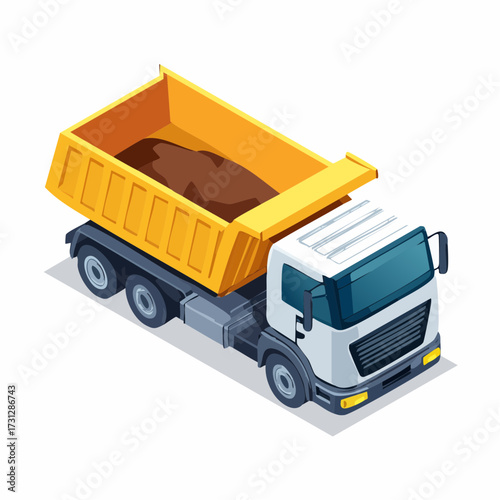 Heavy duty yellow dump truck hauling dirt and soil for construction projects, site development, and earthmoving operations