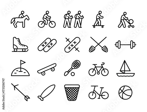 Sports & Active Lifestyle Line Icons - Bicycle, Skateboard, Golf, Basketball, Dumbbell, Ice Skates, Surfboard, Archery for Fitness Apps, Event Branding & Recreation UI

