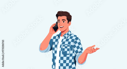 Cheerful Illustration of a Young Man Talking on Mobile Phone