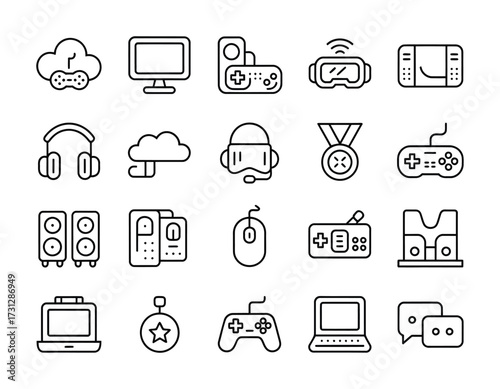 Gaming & Tech Icon Set — Cloud, VR and Controller Line Art