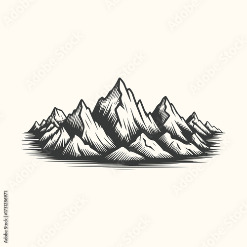 Vector art of a striking black and white illustration of a majestic mountain range, rendered in a detailed, vintage woodcut style, evoking a sense of adventure and the raw beauty of nature
