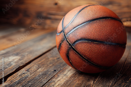 Basketball on wooden floor close up
