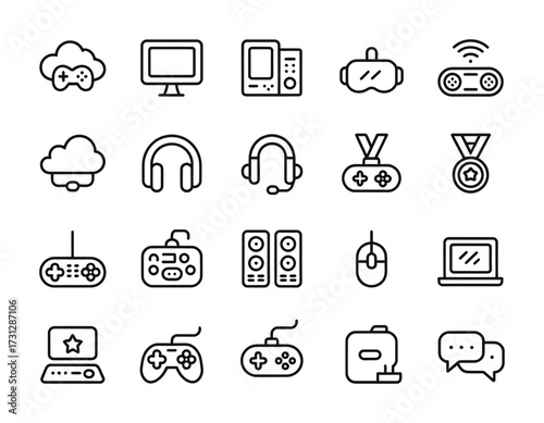 Gaming and Technology Line Icons: Controller, Headset, VR, and Streaming Tools