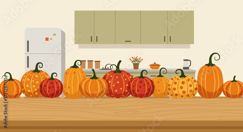 A kitchen scene with a row of pumpkins on a wooden countertop in front of a refrigerator and cabinets