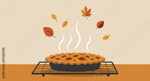 A latticetopped pie emits steam surrounded by falling leaves on a metal rack against tan  orange backgrounds