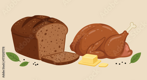 A loaf of bread roast turkey butter basil leaves and peppercorns are arranged on a beige background