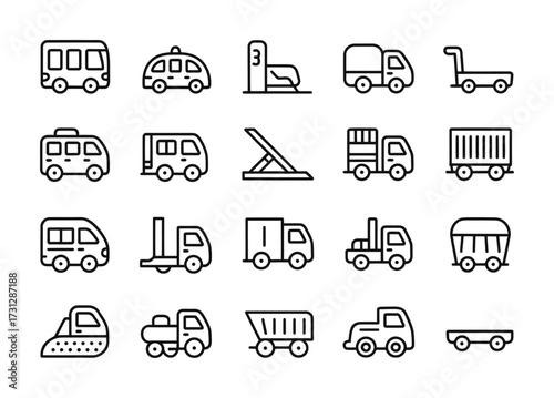 Transportation & Delivery Line Icons - Bus, Taxi, Truck, Forklift, Crane, Trailer, Excavator, Van for Logistics Apps, Fleet Management & Urban Planning UI

