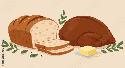 A loaf of bread sliced next to a cooked bird and butter on a light tan background