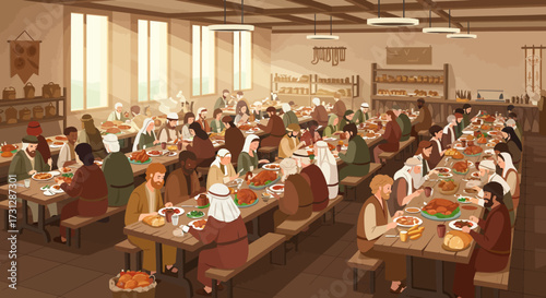 A large group of people are at a long banquet table filled with food in a hall