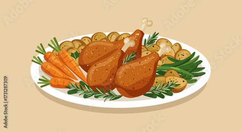 A platter of roasted chicken legs surrounded by carrots potatoes green beans and sprigs of rosemary
