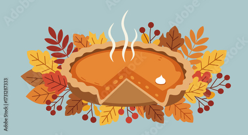 A pumpkin pie with a slice cut surrounded by colorful autumn leaves and berries against a light blue background