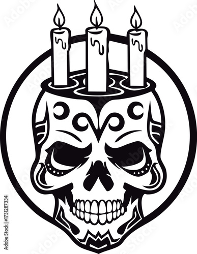 Vector Illustration of Skull with Candles on Top - Day of the Dead / Halloween Graphic