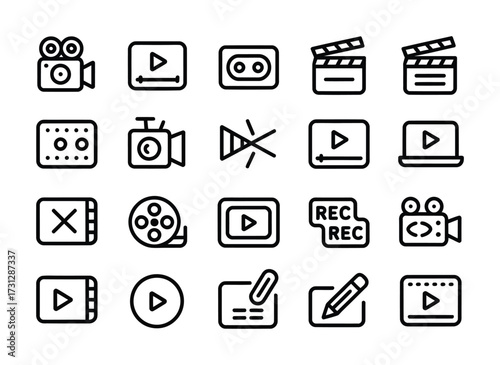 Video Creation & Media Production Line Icons - Camera, Clapperboard, Play Button, REC, Film Strip, Timeline for Content Creators, YouTube & Streaming Apps

