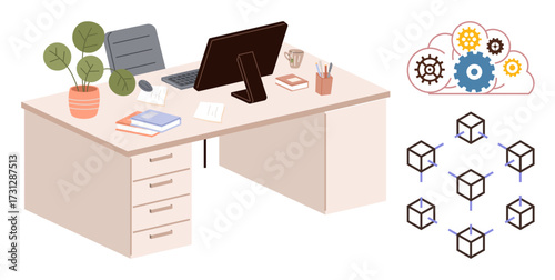 Office desk with computer, books, plant, and stationery alongside cloud gears and blockchain network. Ideal for remote work, technology, innovation, collaboration, organization digital