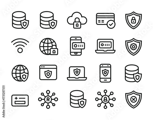 Cybersecurity & Digital Safety Line Icons - Shield, Lock, Cloud Security, Firewall, Encrypted Card, Globe, Server, Biometric Login for Tech, Finance & Enterprise UI