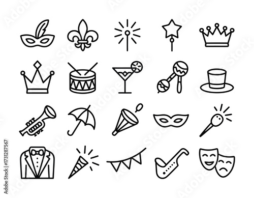 Party & Festive Event Line Icons - Crown, Mask, Cocktail, Trumpet, Confetti, Top Hat, Saxophone, Balloon for Birthday, New Year, Wedding & Holiday Design

