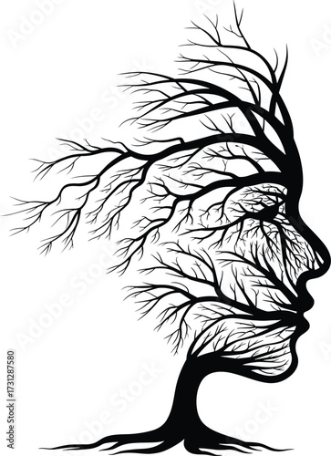 Artistic tree silhouette forming detailed human face profile, creative nature concept with branches and roots, abstract double exposure, surreal eco-friendly vector illustration