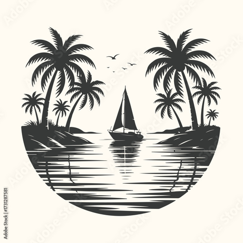 Art of silhouette of a sailboat on calm water surrounded by palm trees and islands, creating a serene tropical paradise scene with birds flying in the sky and reflections on the water surface
