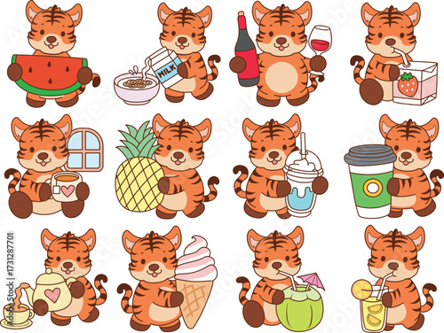 Illustrations of cute tiger character vector clip art for kids.