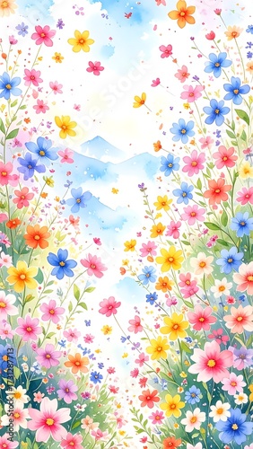 Vibrant floral path leading to misty mountains