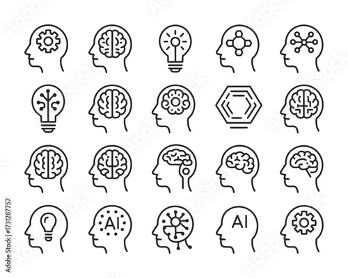 Human Mind & Cognitive Thinking Line Icons - Brain, Lightbulb, Gears, AI, Neural Network for Psychology, Education, Innovation & Tech UI

