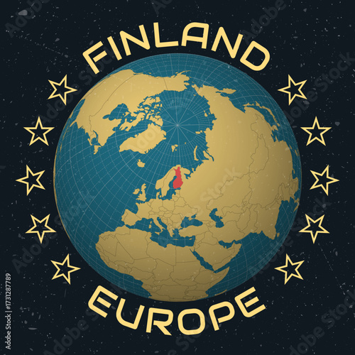 Republic of Finland on Globe. Country name round text. Vintage look with grunge scratched texture. Country view on world map in Sky Blue Light Yellow color palette. Finland shape on map.