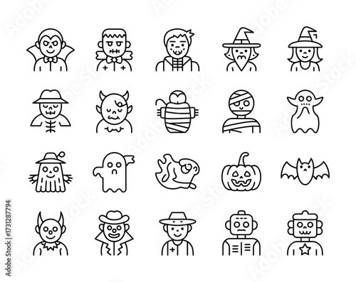 Halloween Character Line Icons - Vampire, Witch, Ghost, Mummy, Pumpkin, Robot, Devil, Star for Party Invites, Games, Decor & Festive Branding

