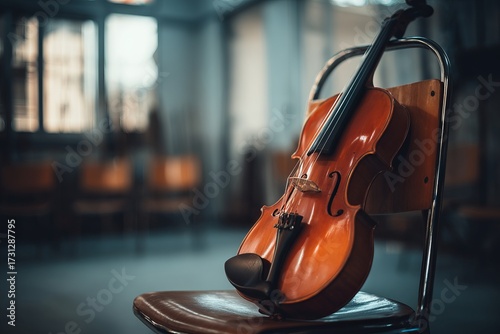 Violin resting on chair in empty rehearsal room