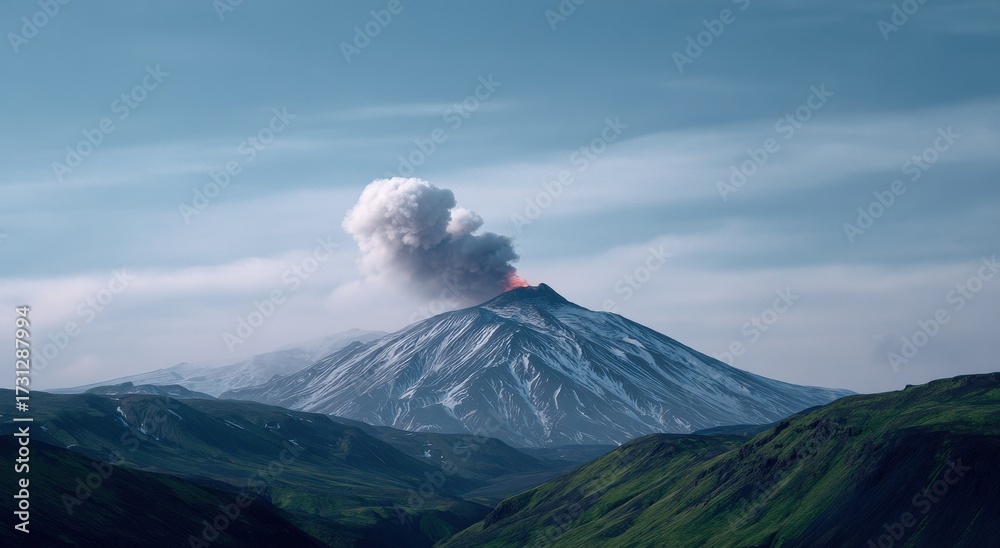 Obraz premium Volcano erupting in mountain landscape