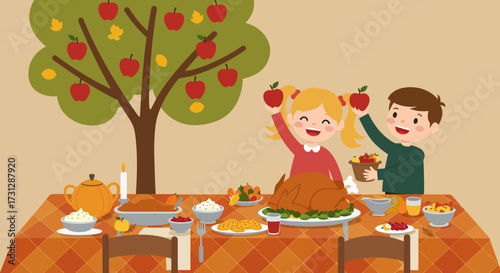 A Thanksgiving feast scene with a turkey sides and two children joyfully holding apples