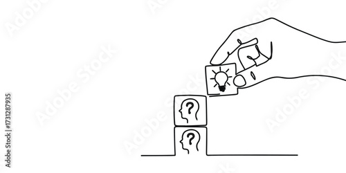 Minimalist one line art illustration of a hand placing a block with a light bulb symbol on top of blocks with human heads and question marks, representing ideas, innovation, problem solving