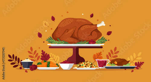 A Thanksgiving feast with a turkey centerpiece and various side dishes on a festive table with falling leaves
