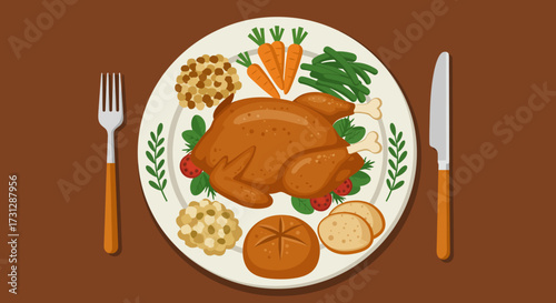 A Thanksgiving plate filled with turkey sides and utensils on a brown surface