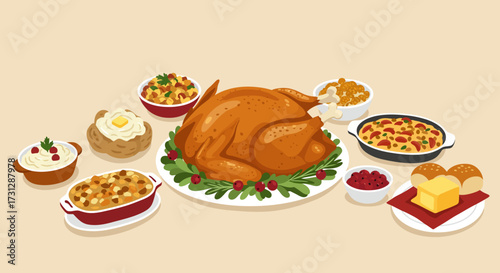 A Thanksgiving meal with a large roasted turkey surrounded by various side dishes set against a light beige background