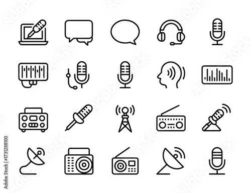 Podcast and Radio Icons – Microphone, Audio, Broadcasting, Sound Outline Set