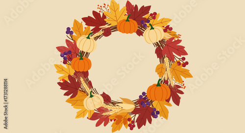 A wreath of fall foliage wheat berries and pumpkins against a beige background