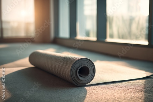 Rolled yoga mat on floor with sunlight through windows