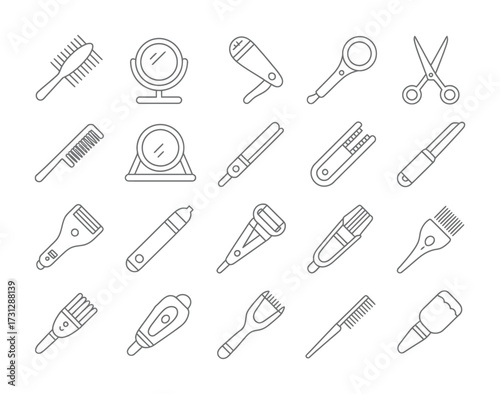 Hair Salon and Beauty Icons – Scissors, Hair Styling Tools, Grooming Outline Set