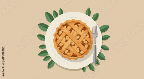 An apple pie with lattice crust on a plate with a fork surrounded by leaves on a tan background