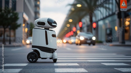 Robot crossing city street at dusk.