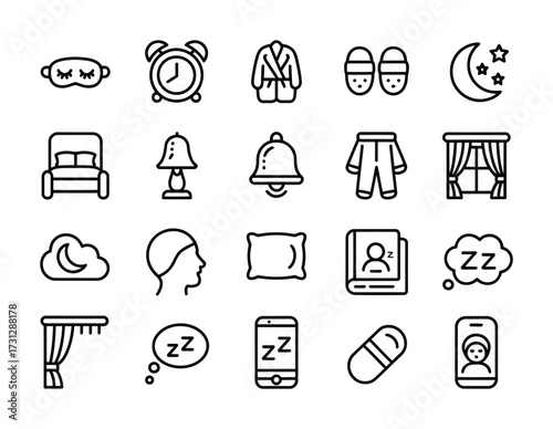 Sleep and Bedtime Icons – Pajamas, Pillow, Dream, Night Rest Outline Set