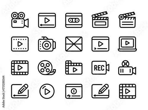 Multimedia Icons – Video Editing, Recording, Camera, Play Button Outline Set
