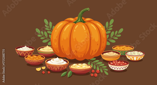 Cartoon image features an orange pumpkin surrounded by bowls of food