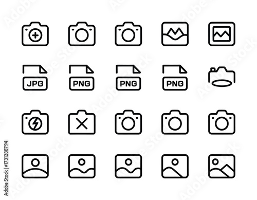 Camera and Photography Icons – File Formats, Image Editing, Photo Capture Outline Symbols