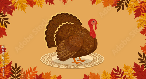 Brown turkey stands on a lace doily against a backdrop of autumn leaves