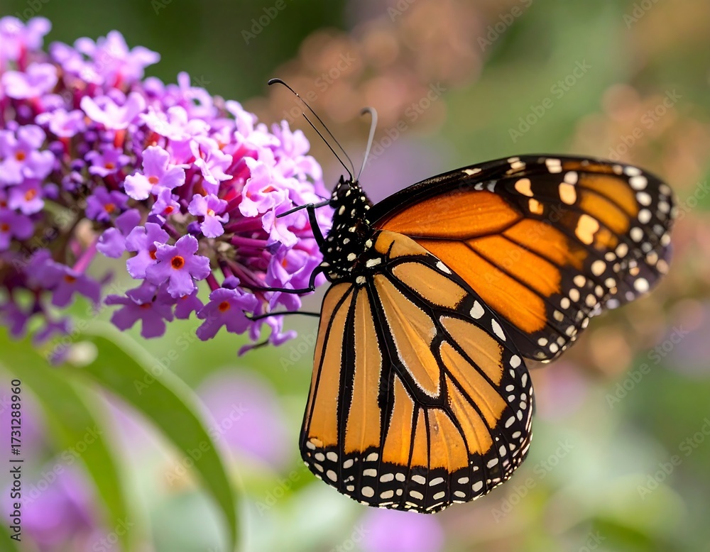Fototapeta premium Monarch butterfly feeding on purple flower